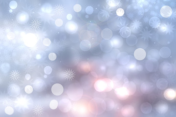 Fototapeta premium Abstract blurred festive delicate winter christmas or Happy New Year background with shiny light blue pink and white bokeh lighted stars. Space for your design. Card concept.