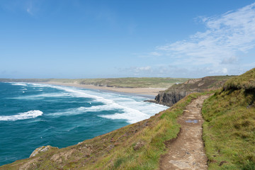 Perranporth coastal path with beach and sea view