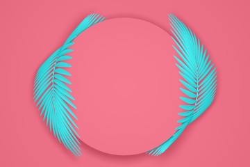 Fototapeta na wymiar Abstract pastel pink and blue modern background of a round frame surrounded by two rounded fluffy palm leaves. 3D illustration.3D render