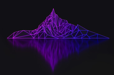 Abstract futuristic dark background with low poly image of mountain and its reflection 3D illustration