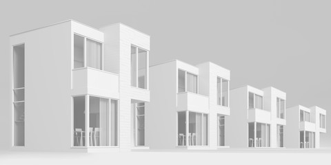 View exterior layout of a modern small house C facade trim of rectangular boards on a light background. 3D illustration