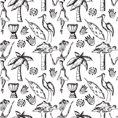 Seamless African Tribal Vector Pattern with Doodles