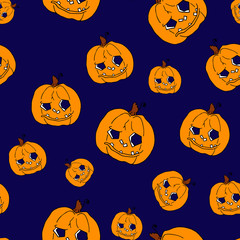 Pumpkin seamless pattern on dark blue background. Orange pumpkin background for Harvest festival or Thanksgiving day. Halloween orange repeating print