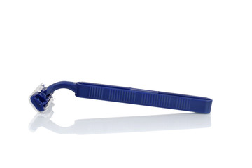 Blue men razor with reflection isolated on white background
