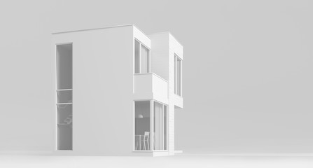 View exterior layout of a modern small house C facade trim of rectangular boards on a light background. 3D illustration