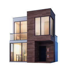 Exterior modern small square house with wooden planks on a white background. 3D illustration