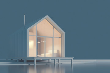 The project is a model of a minimalistic compact wooden house made of boards in the Northern Scandinavian style with a light inside in white materials. 3D illustration