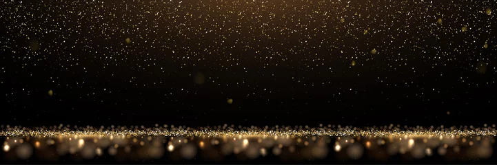 Foto op Plexiglas Gold glitter and shiny golden rain on black background. Vector horizontal luxury background. © backup16