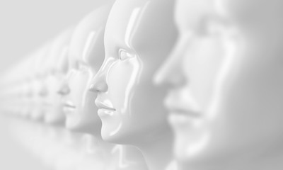 Abstract background with many identical out-of-focus female doll faces, one of which is in focus 3D illustration