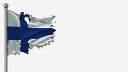 Finland 3D tattered waving flag illustration on Flagpole. Isolated on white background with space on the right side.