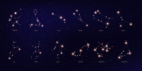 Zodiac constellation vector illustrations set - obrazy, fototapety, plakaty