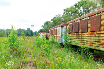 abandoned narrow gauge railway, Branches of the railway at the marshalling yard, forest and lonely road in the middle Russia