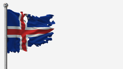 Iceland 3D tattered waving flag illustration on Flagpole. Isolated on white background with space on the right side.