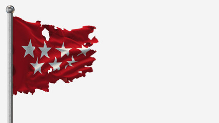 Madrid 3D tattered waving flag illustration on Flagpole. Isolated on white background with space on the right side.