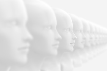 Abstract background with many identical out-of-focus female doll faces, one of which is in focus 3D illustration