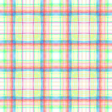 Multicolor grid on white seamless background texture. Hand drawn cute crossing stripes, wavy lines, streaks, bars. Chequered geometrical colourful,  backdrop.