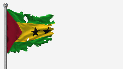 Sao Tome And Principe 3D tattered waving flag illustration on Flagpole. Isolated on white background with space on the right side.