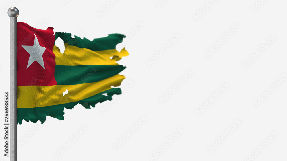 Wall mural togo 3d tattered waving flag illustration on flagpole. isolated on white background with space on th