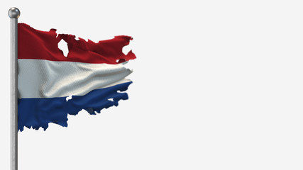 The Netherlands 3D tattered waving flag illustration on Flagpole. Isolated on white background with space on the right side.