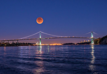 A fool blood moon eclipse rising over the Lions Gate bridge in Vancouver Canada
