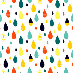 Seamless abstract pattern with drop shapes. Blue, orange, red, yellow colors. Avan-garde cute cartoon background. Abstractionism style.