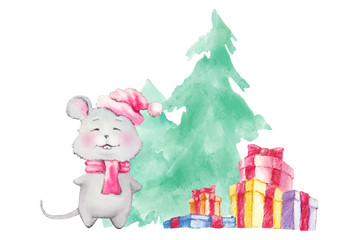 Fototapeta premium Mouse or rat, symbol 2020 on the background of spruce and a lot of gifts, Christmas concept. Watercolor illustration.