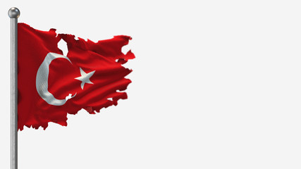 Turkey 3D tattered waving flag illustration on Flagpole. Isolated on white background with space on the right side.