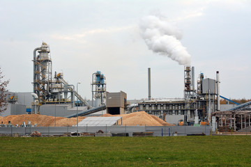 wood processing plant pollutes the air with smoke coming from the pipe