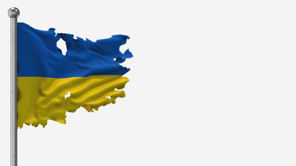 Ukraine 3D tattered waving flag illustration on Flagpole. Isolated on white background with space on the right side.