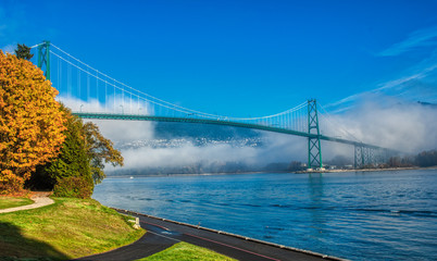 An early morning shot of the Lions Gate bridge and the fog around it