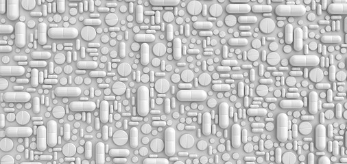 A pattern of many pills scattered on a colored background evenly at different angles. 3D illustration