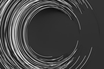 Digital black background of many white circles of rods rotated at random angle and forming a frame around an empty space 3D illustration