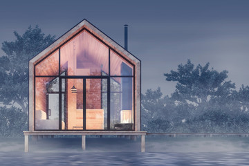 Minimalistic compact wooden house in modern Scandinavian style with a light inside in foggy weather on the waterfront. 3D illustration