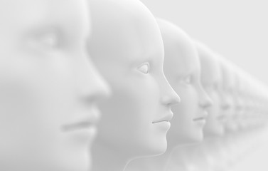 Abstract background with many identical out-of-focus female doll faces, one of which is in focus 3D illustration