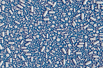 A pattern of many pills scattered on a colored background evenly at different angles. 3D illustration
