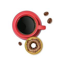 Coffee and a chocolate doughnut, illustrations on The white background, Cup of coffee and on the plate is chocolate donut. realistic vector illustration.