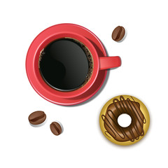 Coffee and a chocolate doughnut, illustrations on The white background, Cup of coffee and on the plate is chocolate donut. realistic vector illustration.