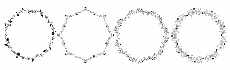 Wreath vector with flowers and leaves. Wreath ornaments illustration. Hand drawn leaves. 