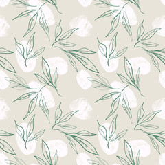 Fototapeta na wymiar Hand Sketched Leaves Seamless Pattern with Chalk Texture. Floral Vector Background. 