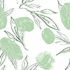 Hand Sketched Leaves Seamless Pattern with Chalk Texture. Floral Vector Background. 