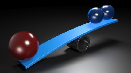 Balancing concept image with red and blue spheres - 3D rendering illustration