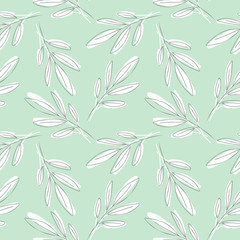 Hand Sketched Leaves Seamless Pattern with Chalk Texture. Floral Vector Background. 