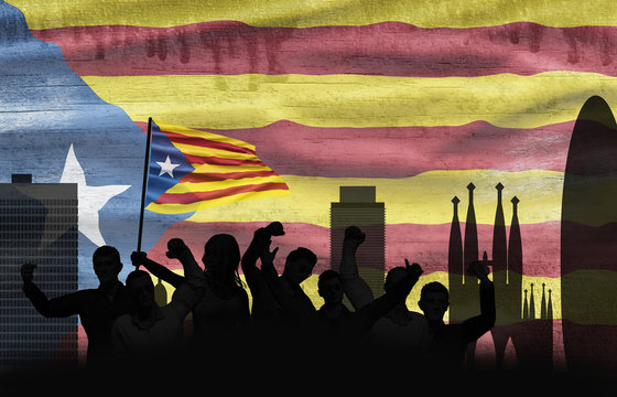 Catalonia National Day. Catalan independence Flag with protesting people and skyline of Barcelona in the background.