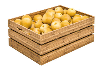 Chinese pears Nashi in the wooden crate, 3D rendering