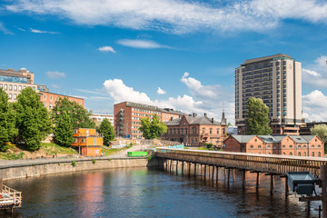 Panoramic view of Tammerkoski river   and old town Tampere the industrial city of Finland Europe