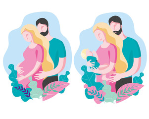 A man in a turquoise t-shirt hugs a pregnant woman in a pink dress. A happy couple with a baby in their arms.