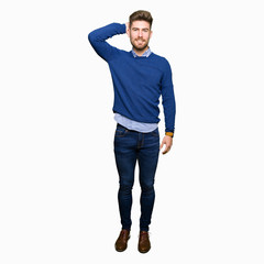 Fototapeta premium Young handsome bussines man confuse and wonder about question. Uncertain with doubt, thinking with hand on head. Pensive concept.