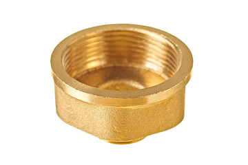 One glossy brass fitting golden color with thread for connecting different diameter pipeline for oil, petrol, gas, water or other liquid isolated on white background without shadow. Close-up