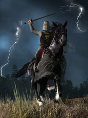 A medieval knight wearing chain armor and a bucket helmet atop his black war horse charges at you sword held high as lightning streaks down in the sky.  3D rendering © Daniel Eskridge