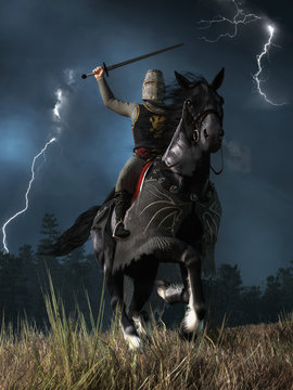 A medieval knight wearing chain armor and a bucket helmet atop his black war horse charges at you sword held high as lightning streaks down in the sky.  3D rendering